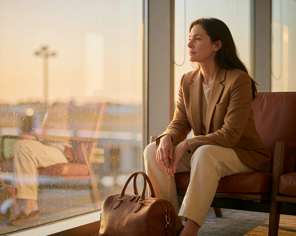 Poised woman in a camel travel blazer seated beside a tall airport lounge window