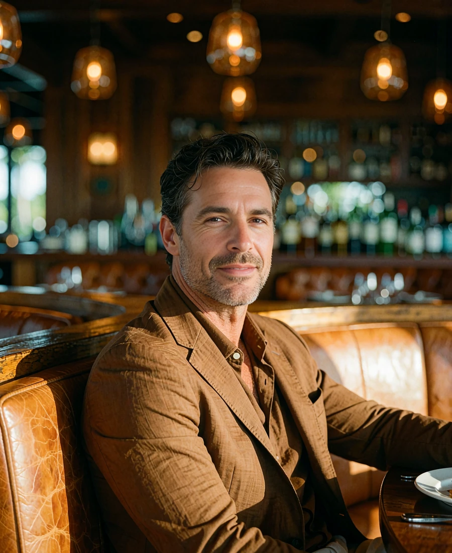 Well-built man in his mid-forties in a tobacco-brown sport coat seated in a leather booth at a Dallas steakhouse, demo member profile photo