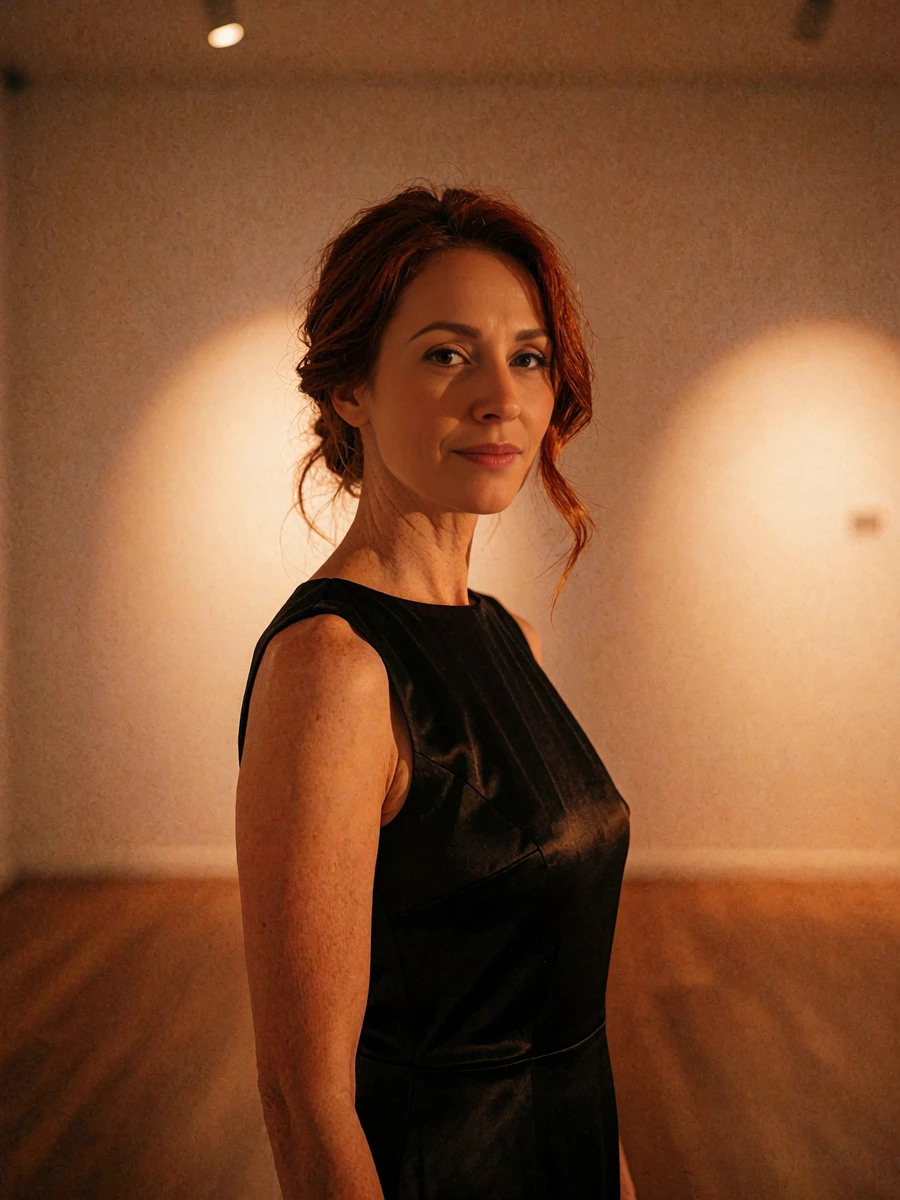 Auburn-haired woman with a low updo in a black dress at a softly lit gallery interior, demo Seattle member profile photo