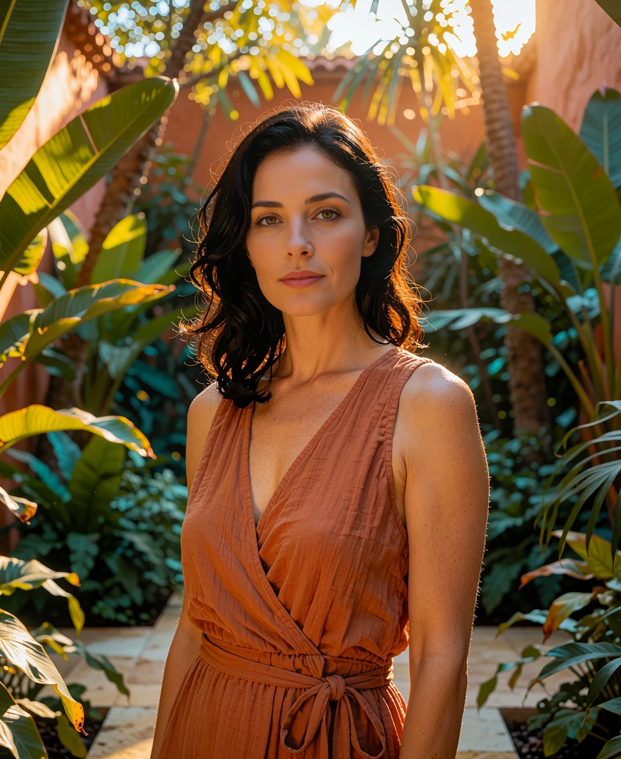 Brunette woman in a terracotta wrap dress in a lush tropical resort courtyard, demo member profile photo
