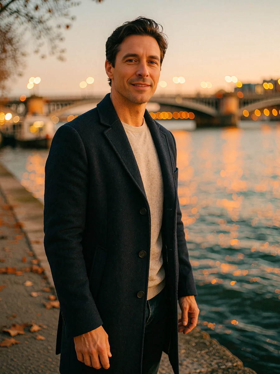 Fit man in a navy overcoat standing along the Chicago Riverwalk at dusk, demo member profile photo