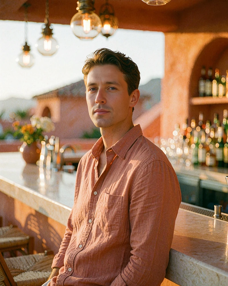 Poised man in a terracotta shirt leaning on a rooftop bar counter at dusk, demo companion profile photo