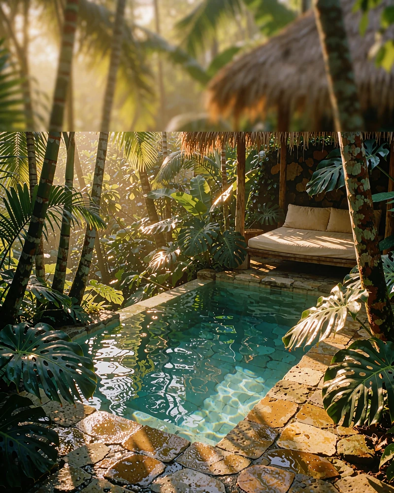 Narrow jungle plunge pool bordered by stone paving and broad monstera leaves in morning light