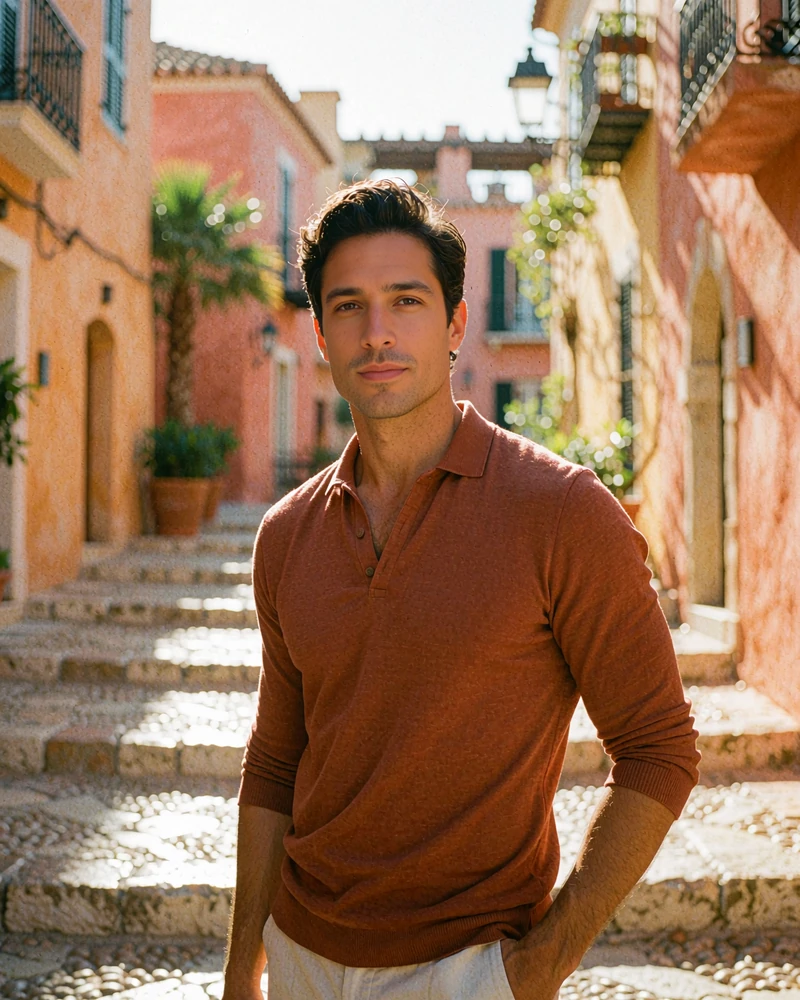 Stylish young man in a terracotta shirt on sunlit stone steps, demo toy boy profile photo