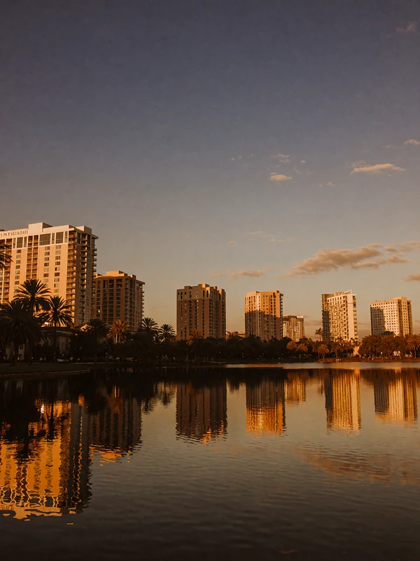 Orlando skyline reflected in a still lake at dusk with palm silhouettes along the shoreline