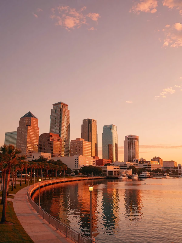 Tampa waterfront skyline glowing at dusk along a curved bay with riverwalk and palm trees