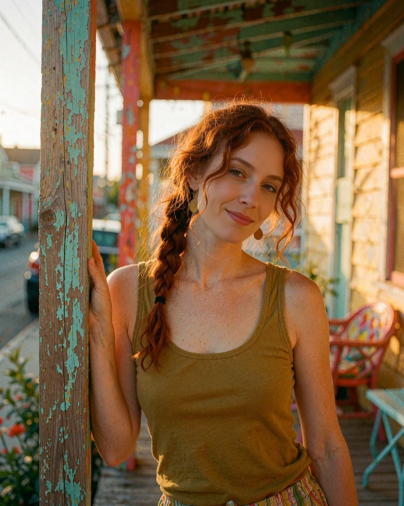Auburn-haired woman in an olive tank leaning on a wooden porch post in an artsy neighborhood, demo member profile photo