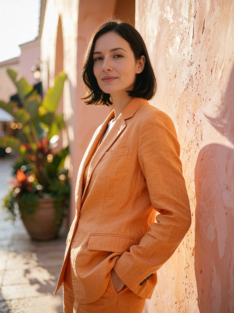 Chic woman in her late twenties with a sleek dark bob and a tangerine linen suit beside a sunlit pastel wall in the Design District, demo member profile photo