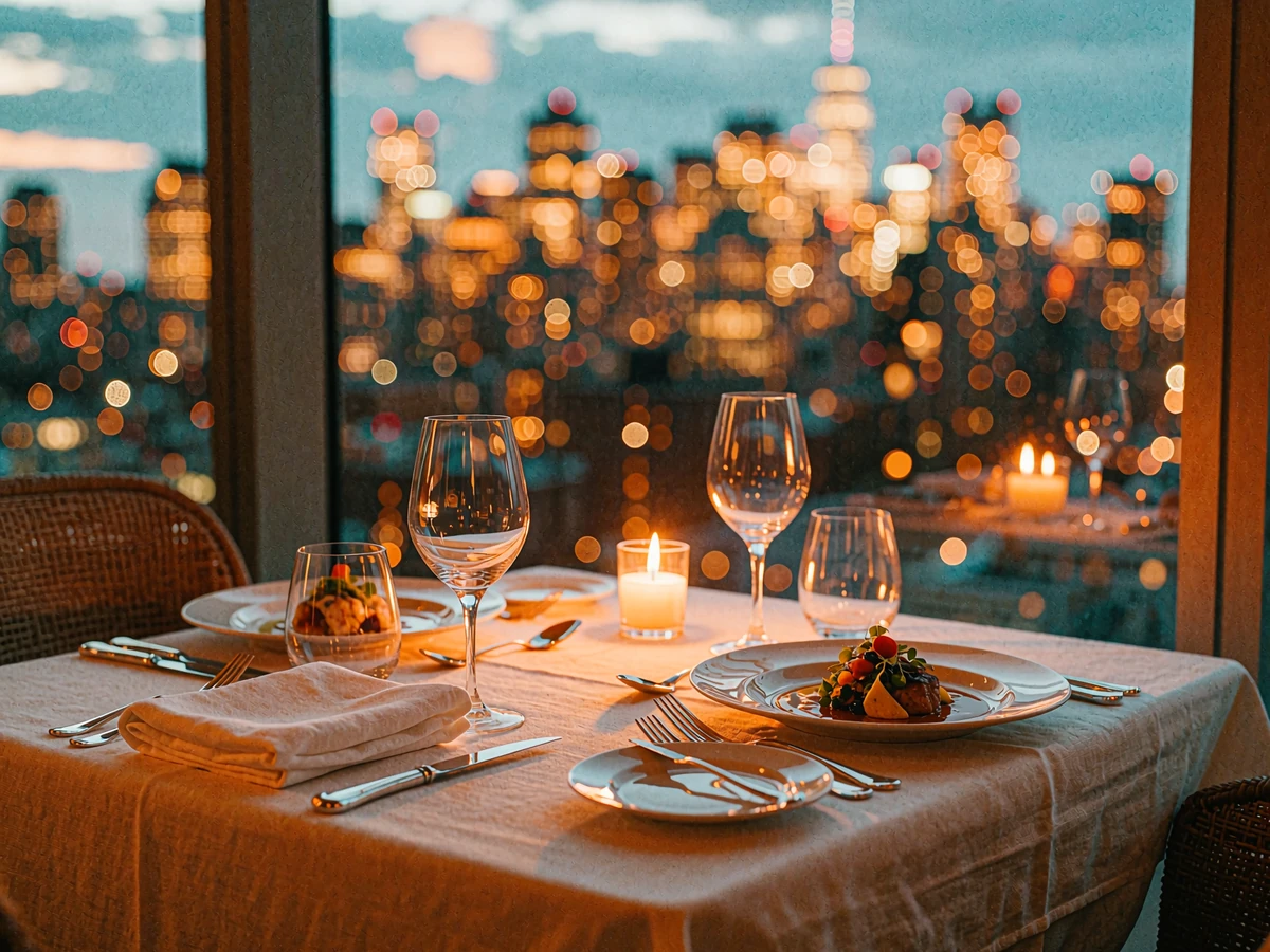 Candlelit table for two set with crystal wine glasses and plated fine dining courses beside a window overlooking the blurred Manhattan skyline