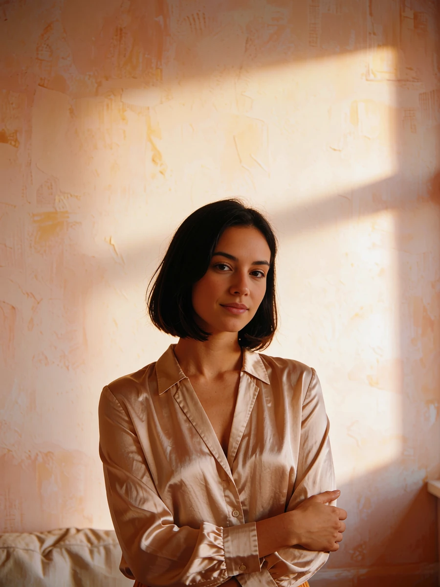 Woman with a sleek dark bob in a champagne silk blouse in a warm minimalist interior, demo Atlanta member profile photo