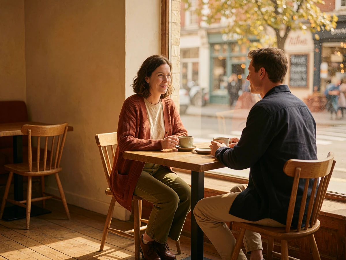 Woman in a rust cardigan and man in a navy overshirt talking at a small wooden table by a café window in Portland