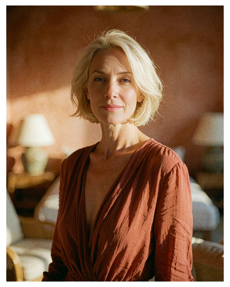 Woman in her mid forties in a terracotta dress in a warm interior at dusk, demo member profile photo