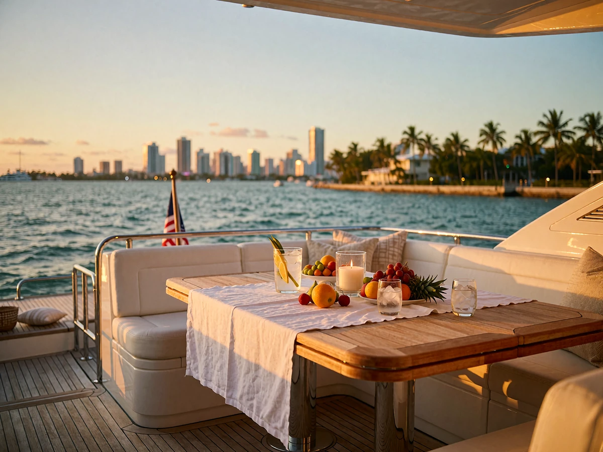 Table set for an intimate dinner on the aft deck of a private yacht in Miami at sunset with the skyline and bay water behind it