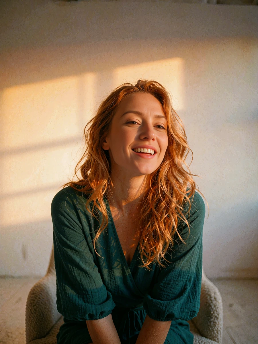 Woman with long copper waves in a teal wrap top in a warmly lit loft, demo Columbus member profile photo