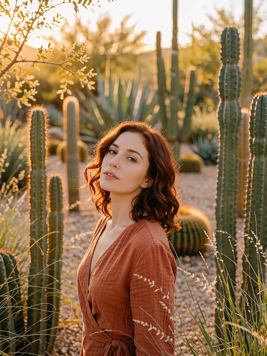 Woman with wavy auburn hair in a terracotta wrap blouse standing among tall desert cacti at golden hour, demo Phoenix member profile photo