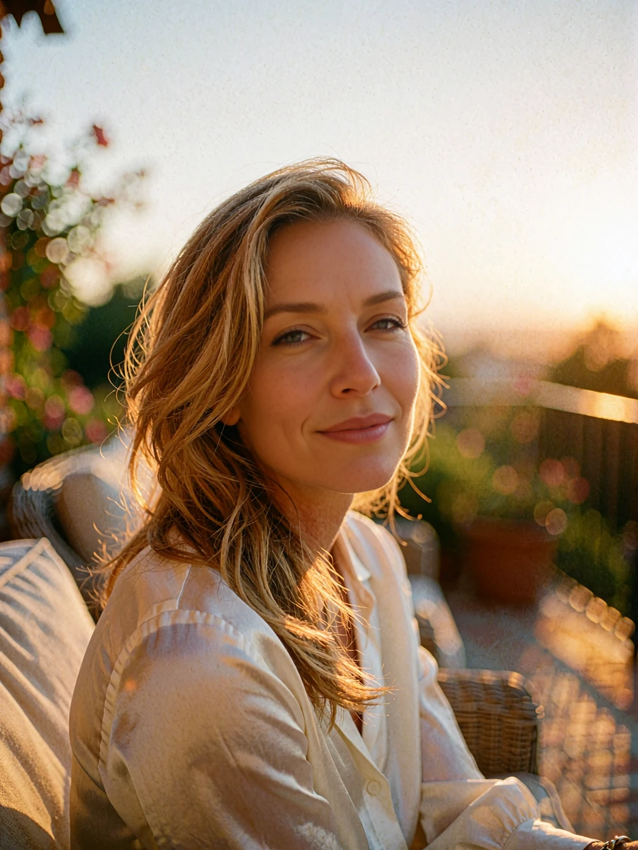 Honey-blonde woman in an ivory silk blouse on a sunset terrace, demo Nashville member profile photo