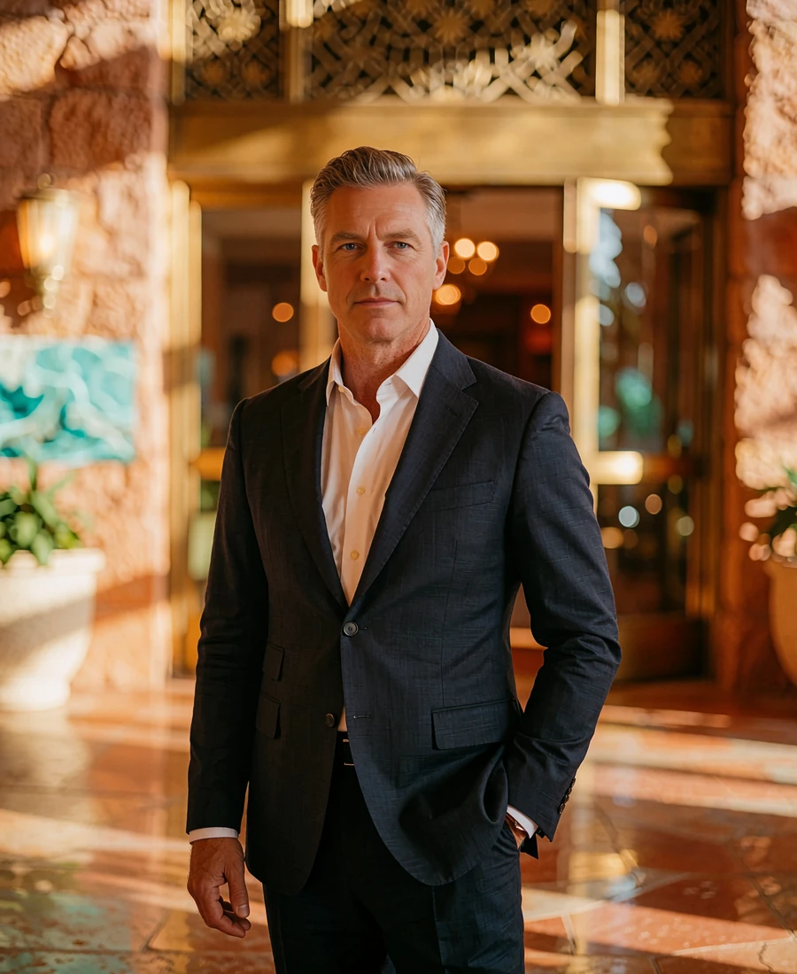 Distinguished man in his early fifties in a tailored navy suit standing in a warmly lit Dallas corporate atrium, demo member profile photo