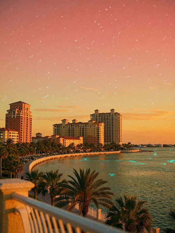 Gulf Coast bay city skyline catching orange sunset light along a curved palm-lined promenade