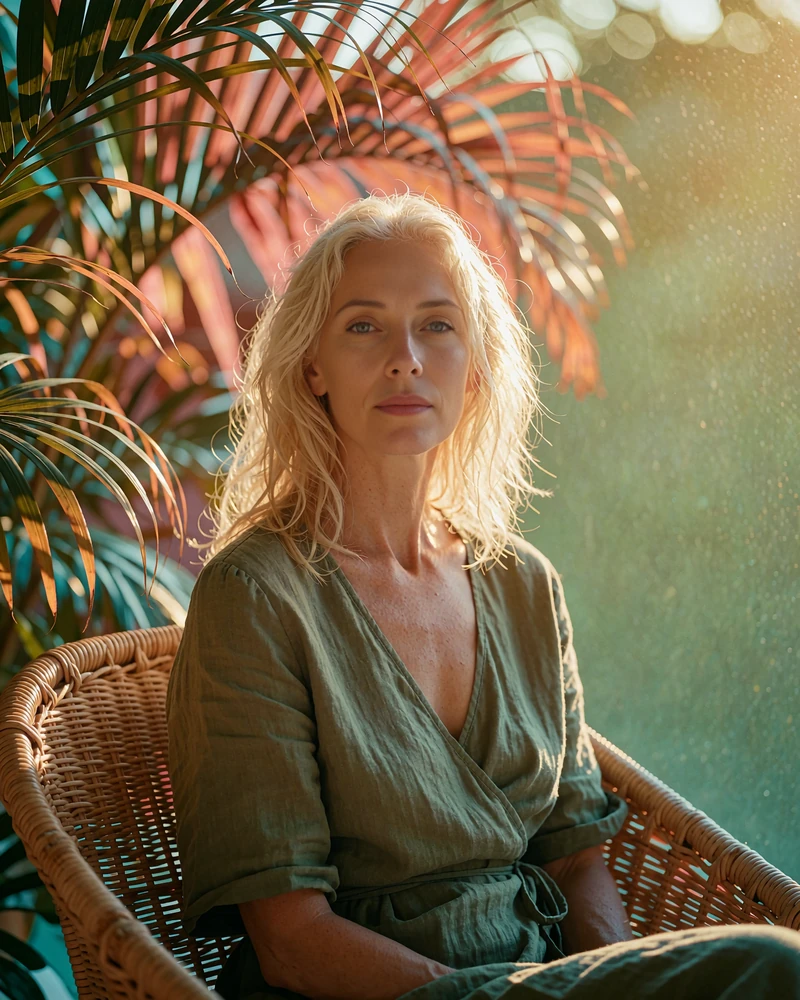 Toned woman with sun-lightened blonde hair in an olive wrap top seated on a shaded Miami veranda, demo Miami cougar profile photo