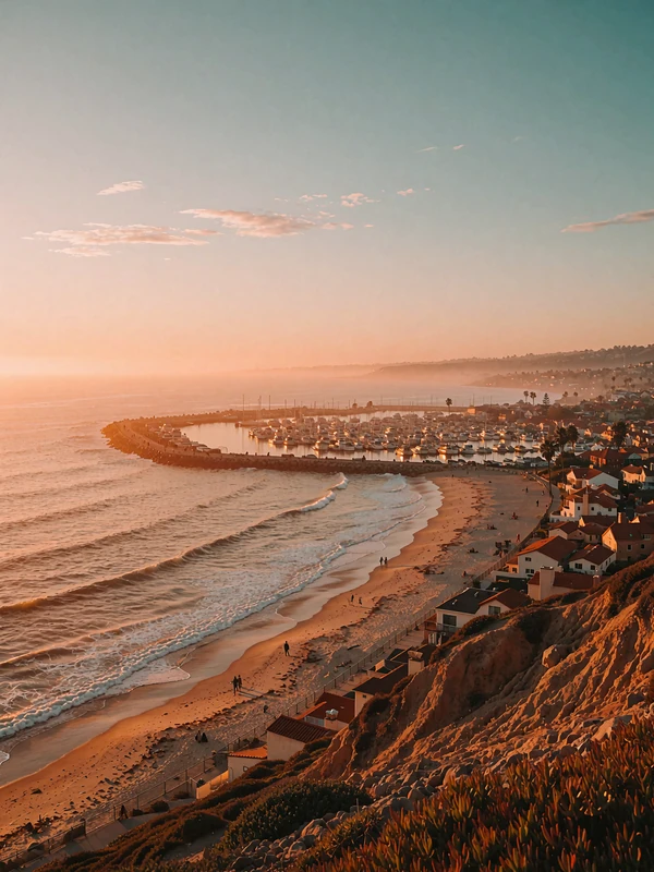 San Diego coastline at dusk seen from an elevated bluff with a glowing harbour in the distance