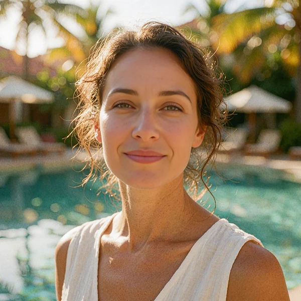 Smiling woman with sunlit brown hair beside a resort pool, illustrative member portrait