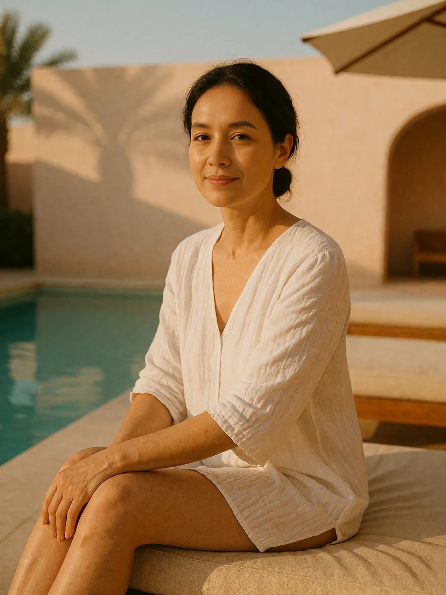 Woman with dark hair in a low knot wearing a white cotton cover-up at a shaded Scottsdale resort pool, demo Phoenix member profile photo