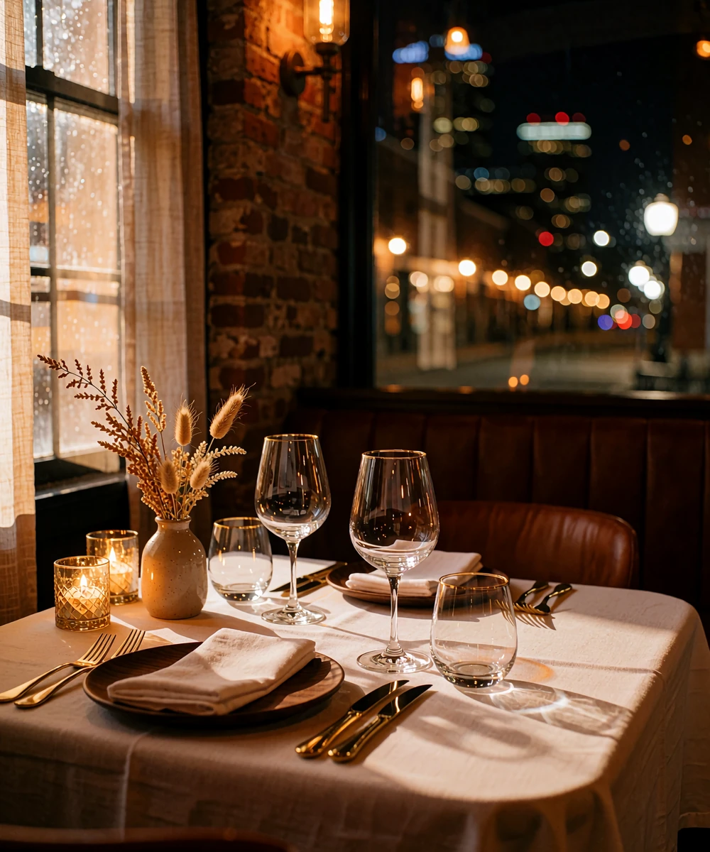 Candlelit table for two set with white linen and gold-rimmed glassware beside a tall window overlooking blurred Nashville night lights