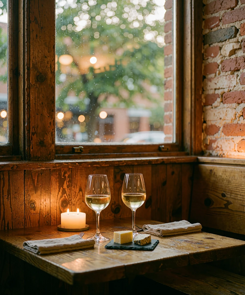 Corner table for two in a warm timber-and-brick Portland wine bar with two glasses of white wine and a candle