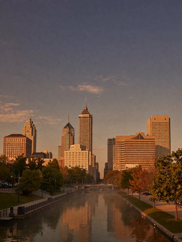 Indianapolis downtown skyline at dusk viewed along a still canal with warm-lit towers reflected in the water