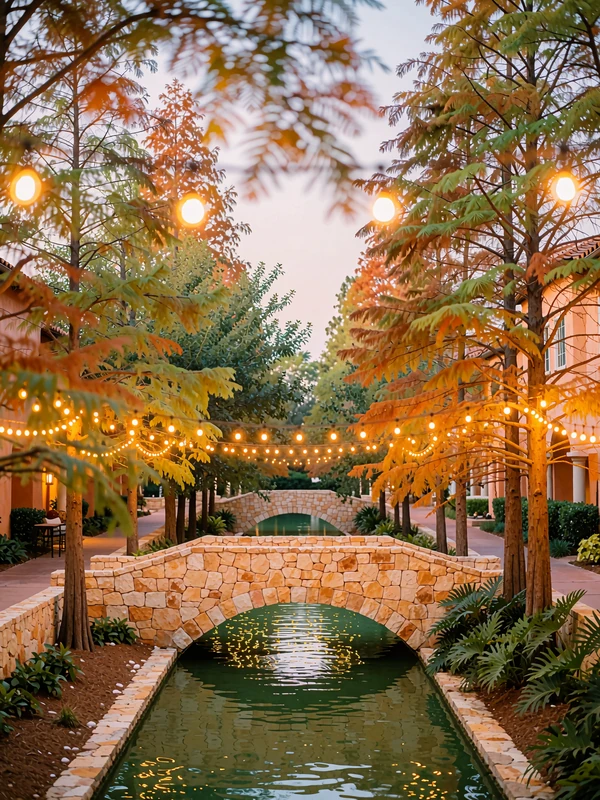 San Antonio River Walk at evening with cypress trees strung with warm lights along the water