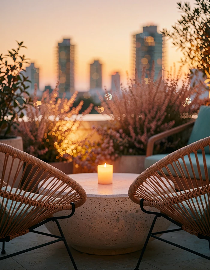 Two rattan chairs facing each other on a rooftop lounge at dusk with a glowing sunset skyline
