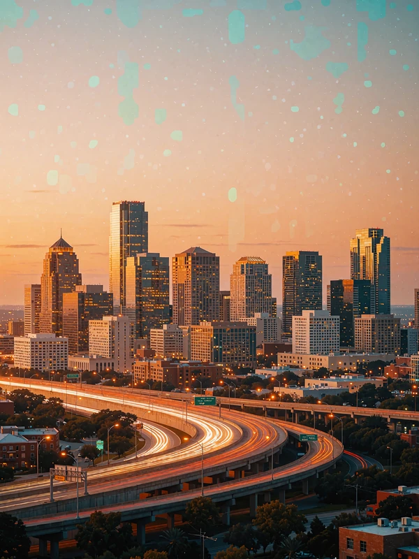 Houston glass towers reflecting orange light at dusk above a curved freeway with warm light trails