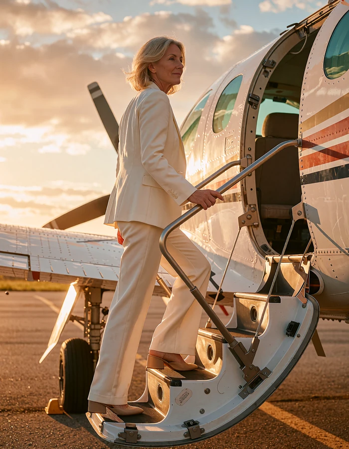 Woman in a cream trouser suit stepping onto the airstairs of a small private aircraft