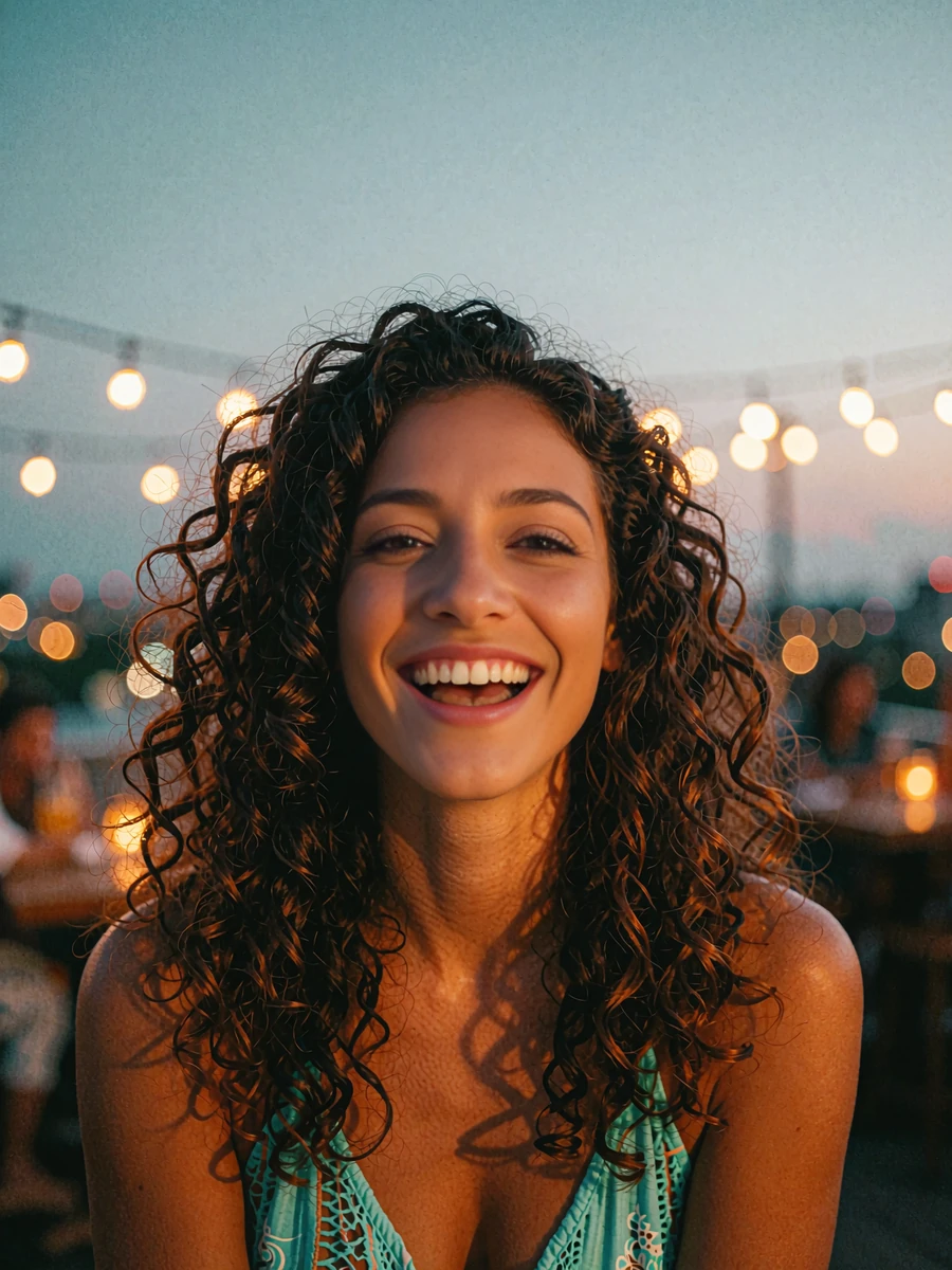 Woman with voluminous dark curls in a teal top laughing at an evening rooftop bar, demo Seattle member profile photo