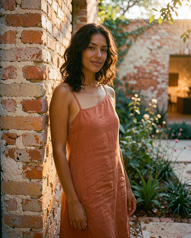 Woman in a terracotta linen sundress standing beside a brick courtyard wall in a revitalized San Antonio district, demo member profile photo