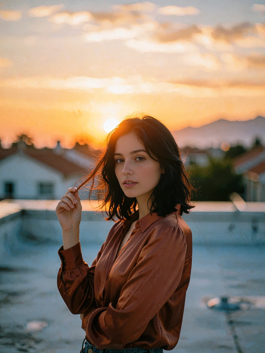 Dark-haired woman in a rust silk blouse on a rooftop at sunset with mountains behind her, demo member profile photo