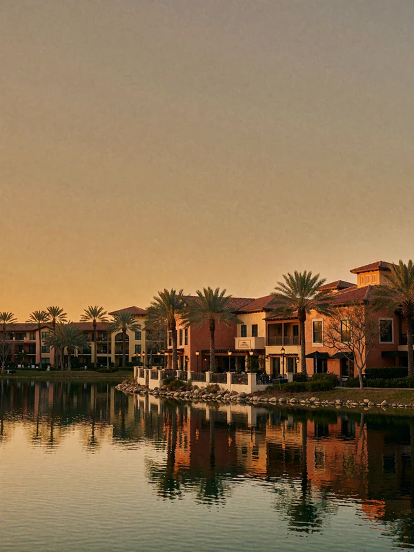 Orlando lakefront resort district at dusk with a palm-lined promenade reflected in still water