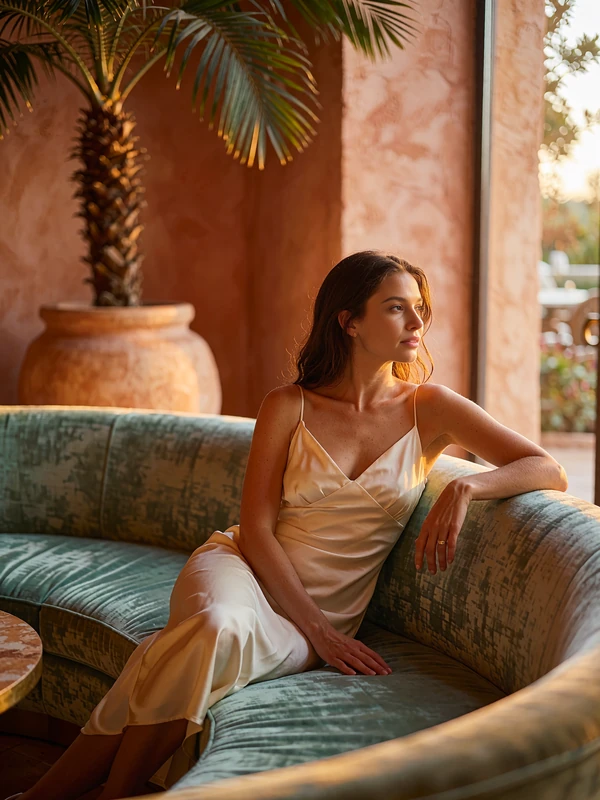 Elegant woman in a cream slip dress seated on a velvet sofa in a warm high-end lounge
