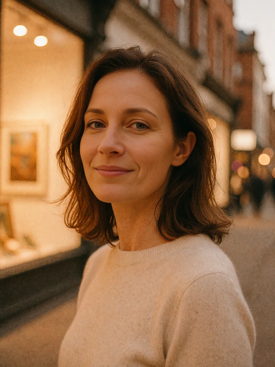 Woman with soft brunette hair in a cream cashmere top on a warm evening street, demo Columbus member profile photo