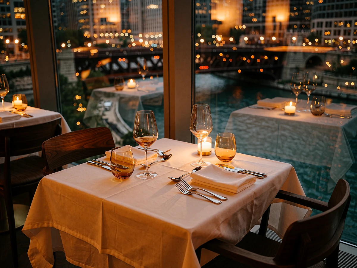 Candlelit corner table for two set with white linen and wine glasses beside a window overlooking the blurred Chicago riverfront at night