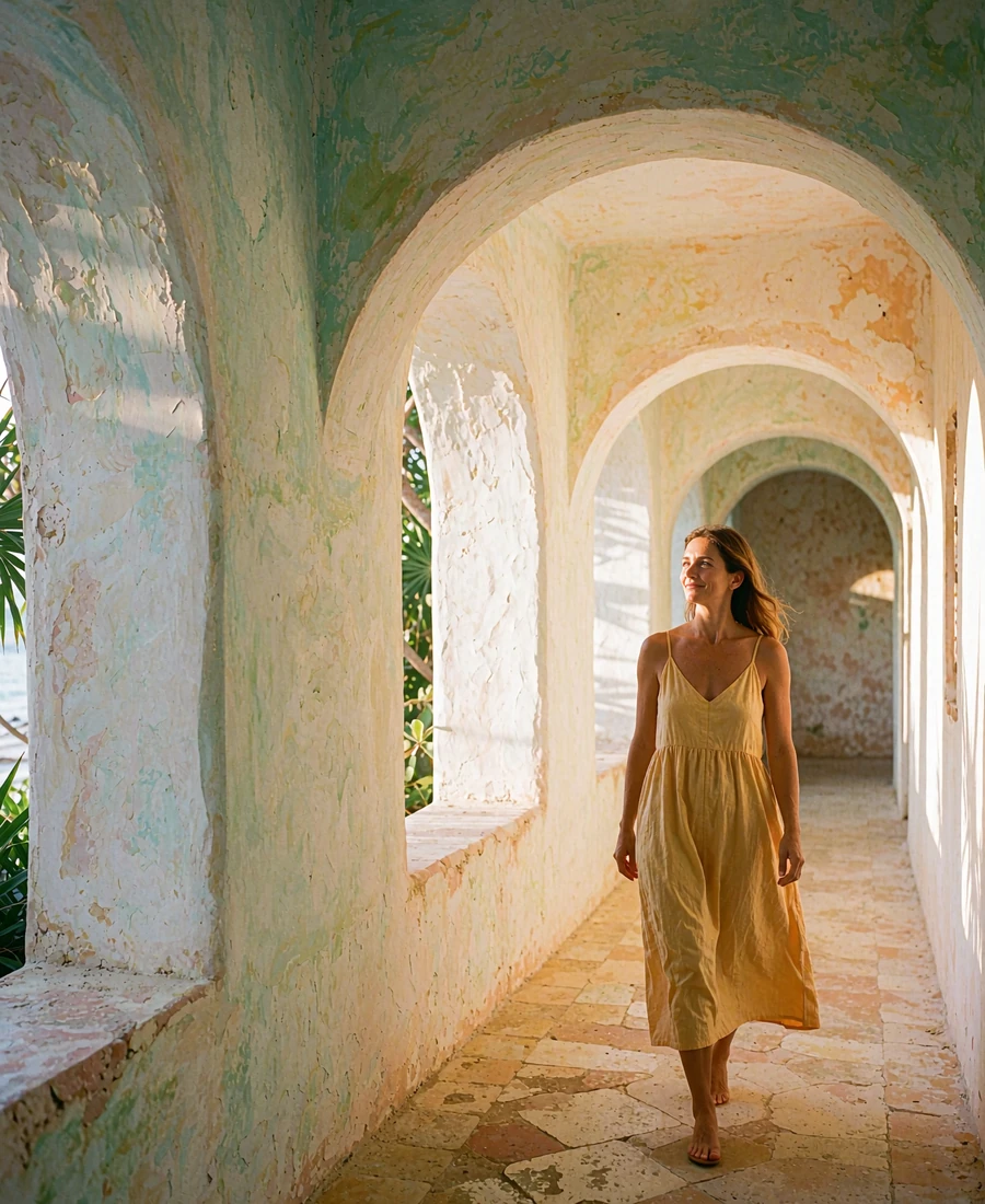 Woman in a mango-gold sundress glancing back while walking through a sunlit arched hotel corridor