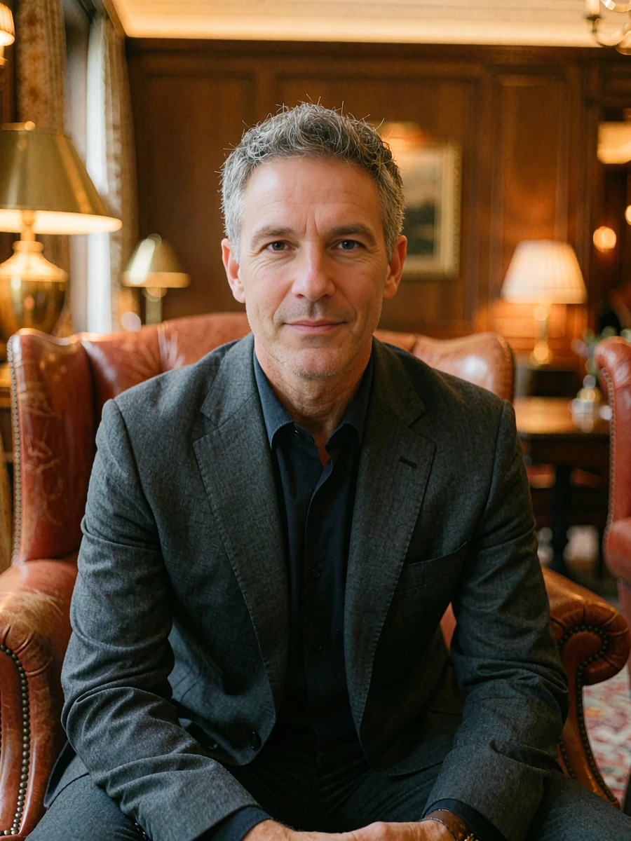 Distinguished man in a charcoal suit seated in a private lounge, demo Chicago sugar daddy profile photo