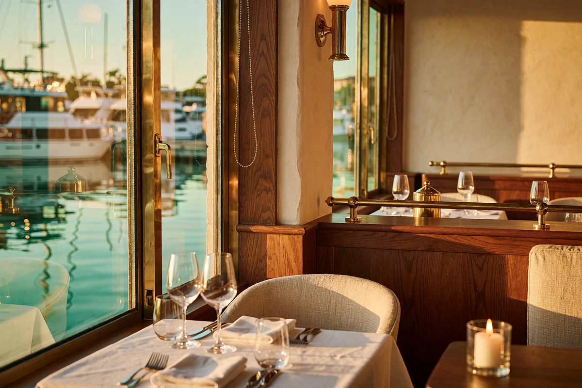 Window table set for two in an upscale Seattle harborside restaurant at dusk with a marina visible through the glass