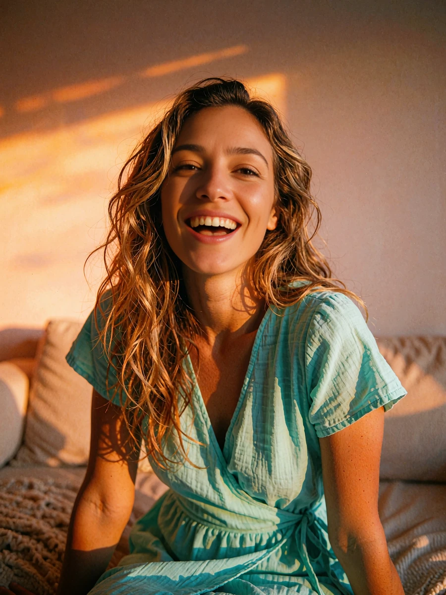 Woman with long bronze-brown waves in a lagoon-teal wrap dress laughing at a golden-hour lounge, demo member profile photo