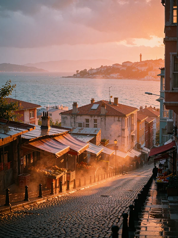 Evening view down a sloping Seattle street toward the water with warm lamplight on wet cobbles