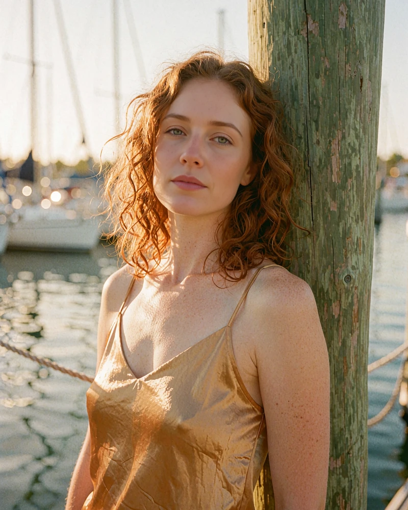 Auburn-haired woman in a golden satin camisole leaning against a marina post at dusk, demo sugar baby profile photo