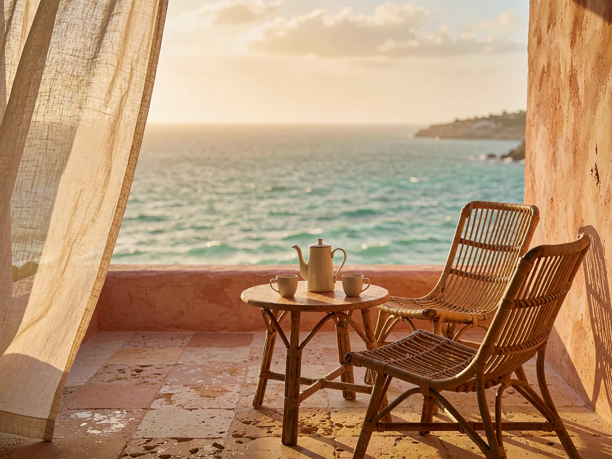Private hotel suite terrace with rattan chairs and coffee overlooking a hazy turquoise coastline at sunrise