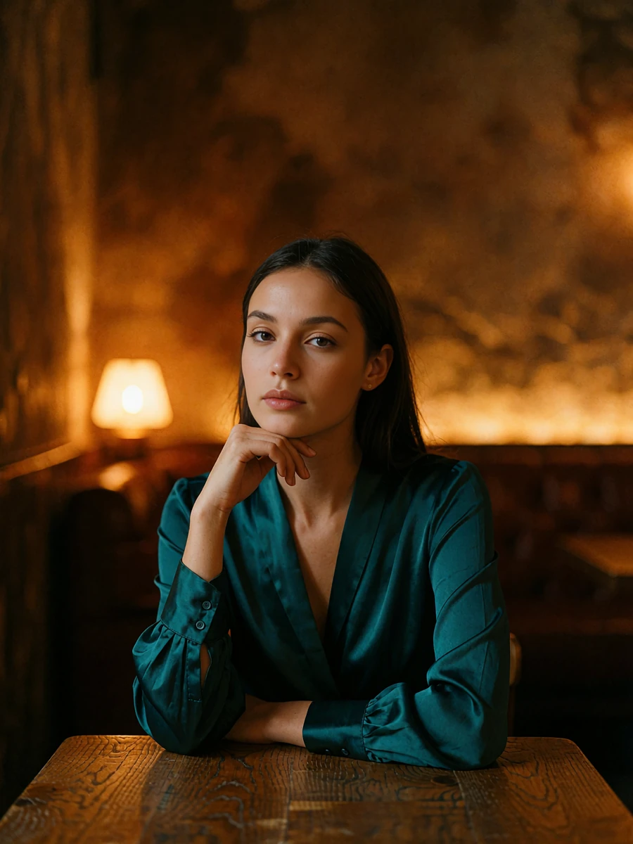 Woman with sleek dark hair in a deep teal silk blouse at a small table in a dim wine bar, demo member profile photo