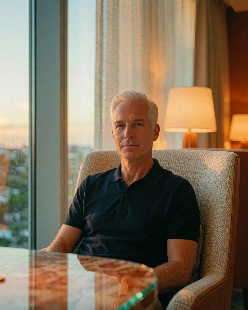 Silver-haired man in a navy polo seated in a private lounge armchair, demo Orlando member profile photo
