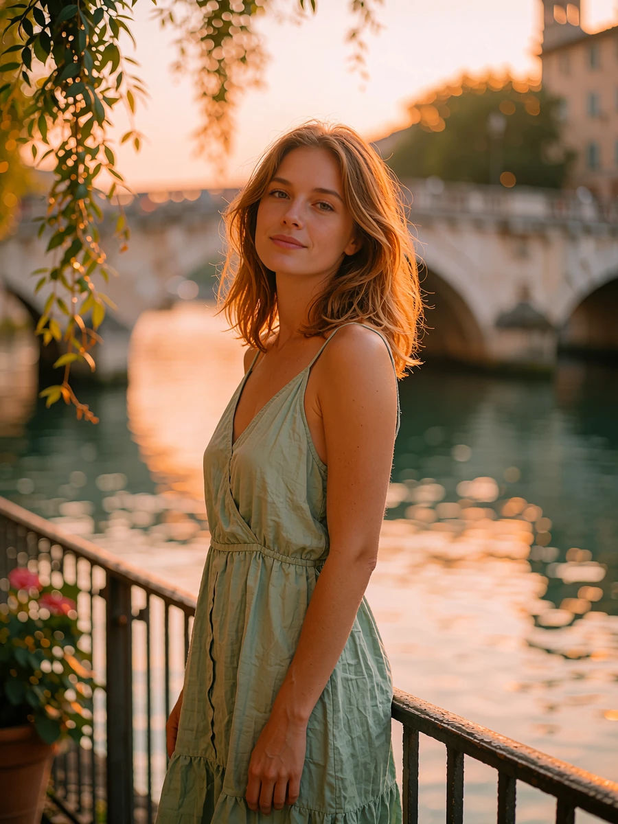 Woman with honey-brown hair in a sage sundress beside the River Walk at golden hour, demo member profile photo